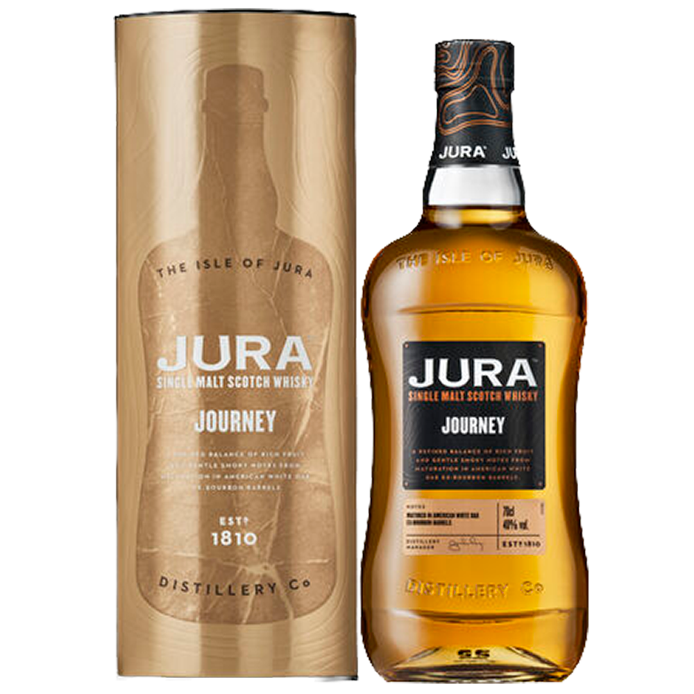 A bottle of Jura Journey Single Malt Scotch Whisky stands beside its matching gold cylindrical box, both with black and gold accents and branding details, emphasizing maturation in American white oak ex-bourbon barrels.