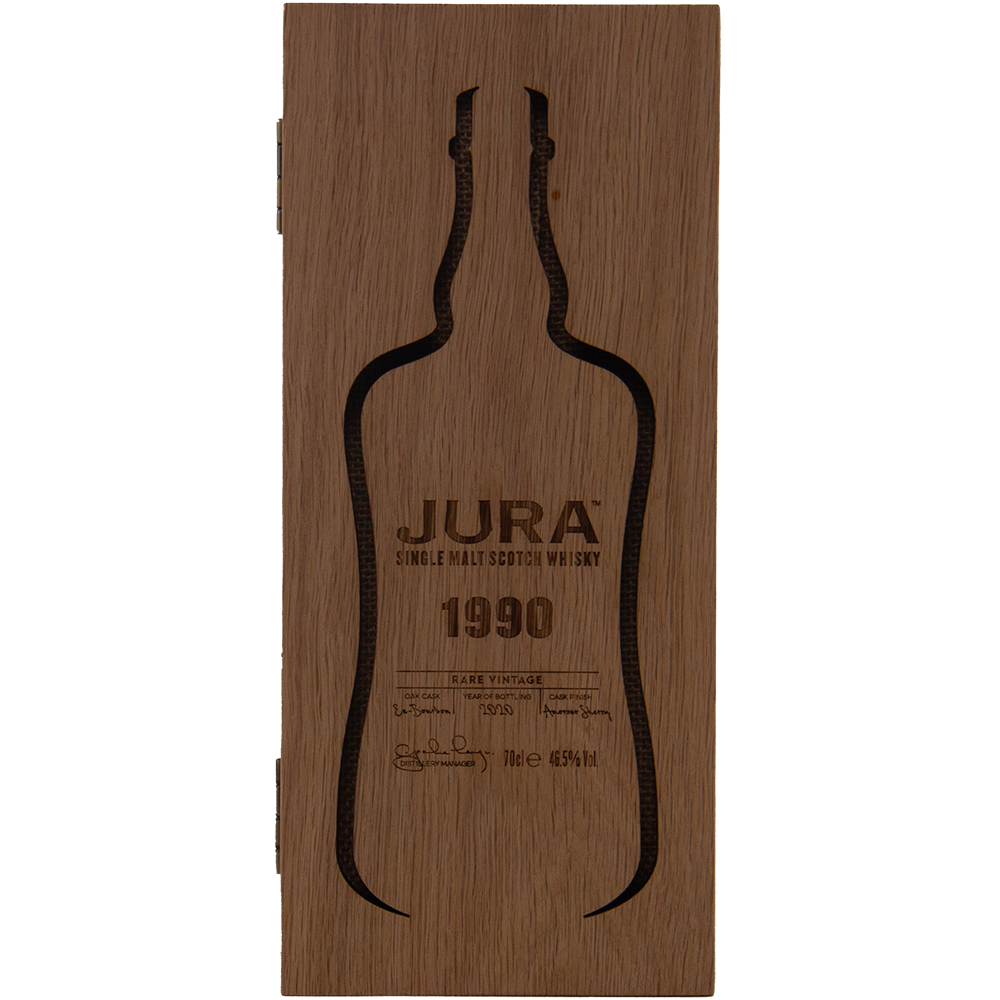 A wooden box featuring the silhouette of a whisky bottle, engraved with Jura 1990 30 Year Old Single Malt Whisky—a collectible Scotch with detailed text and signature accents.