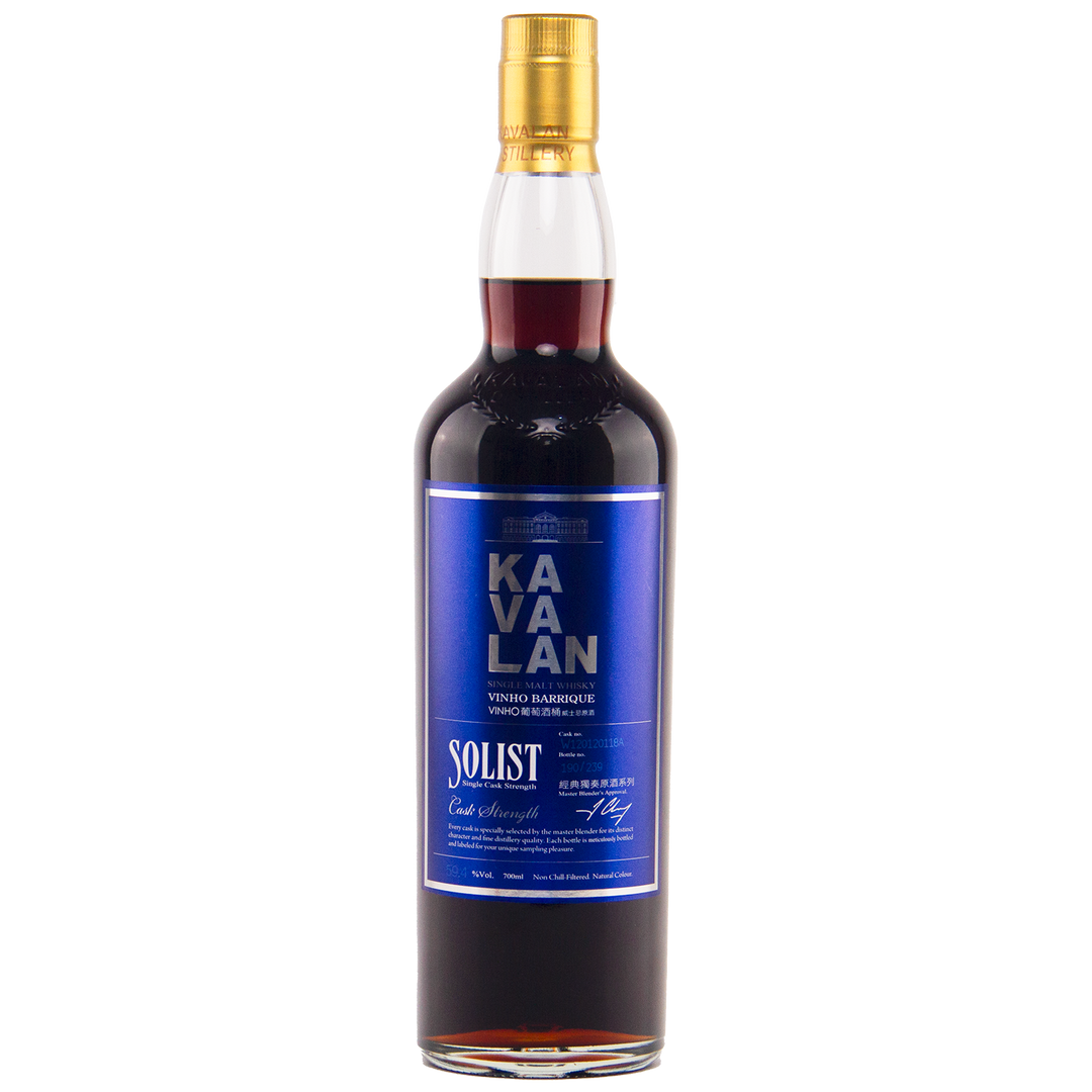 Kavalan Solist whiskey bottle with blue label on a white background