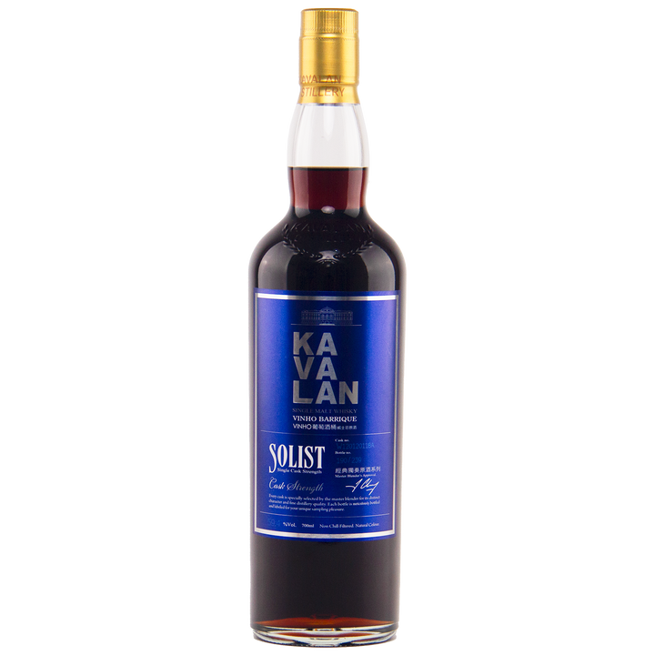 Kavalan Solist whiskey bottle with blue label on a white background