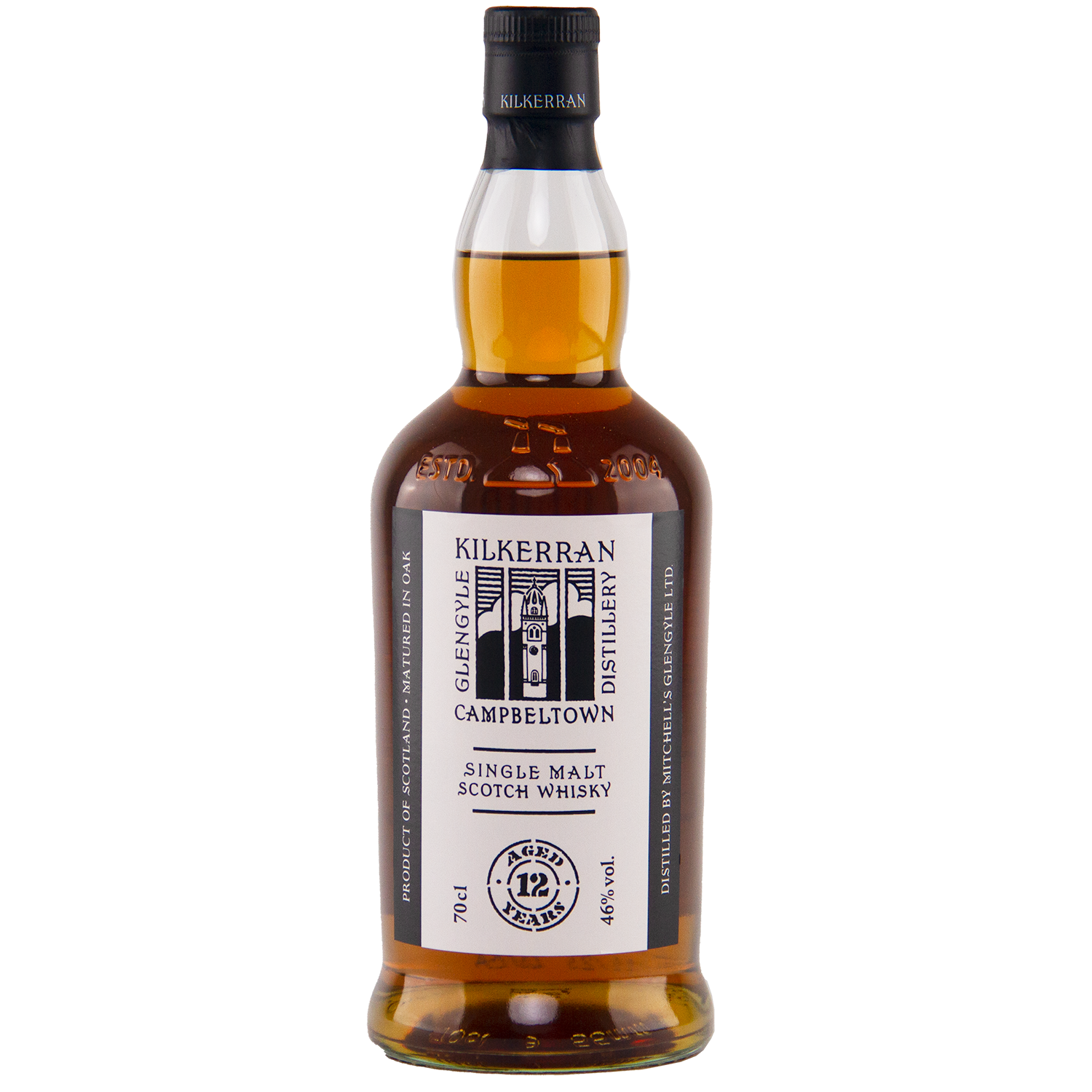 A bottle of Kilkerran 12 Year Old Single Malt Scotch Whisky with a white label, black text and graphics, amber liquid inside, aged 12 years, and bottled at 46% ABV.
