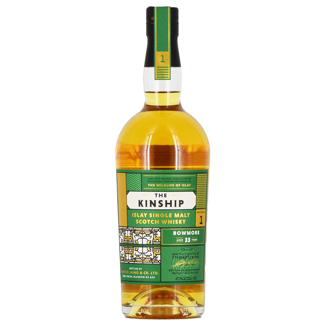 A 700ml bottle of Hunter Laing Kinship Bowmore 1989 33 Year Old, featuring a green and gold label with text and geometric designs, filled with golden amber whisky.