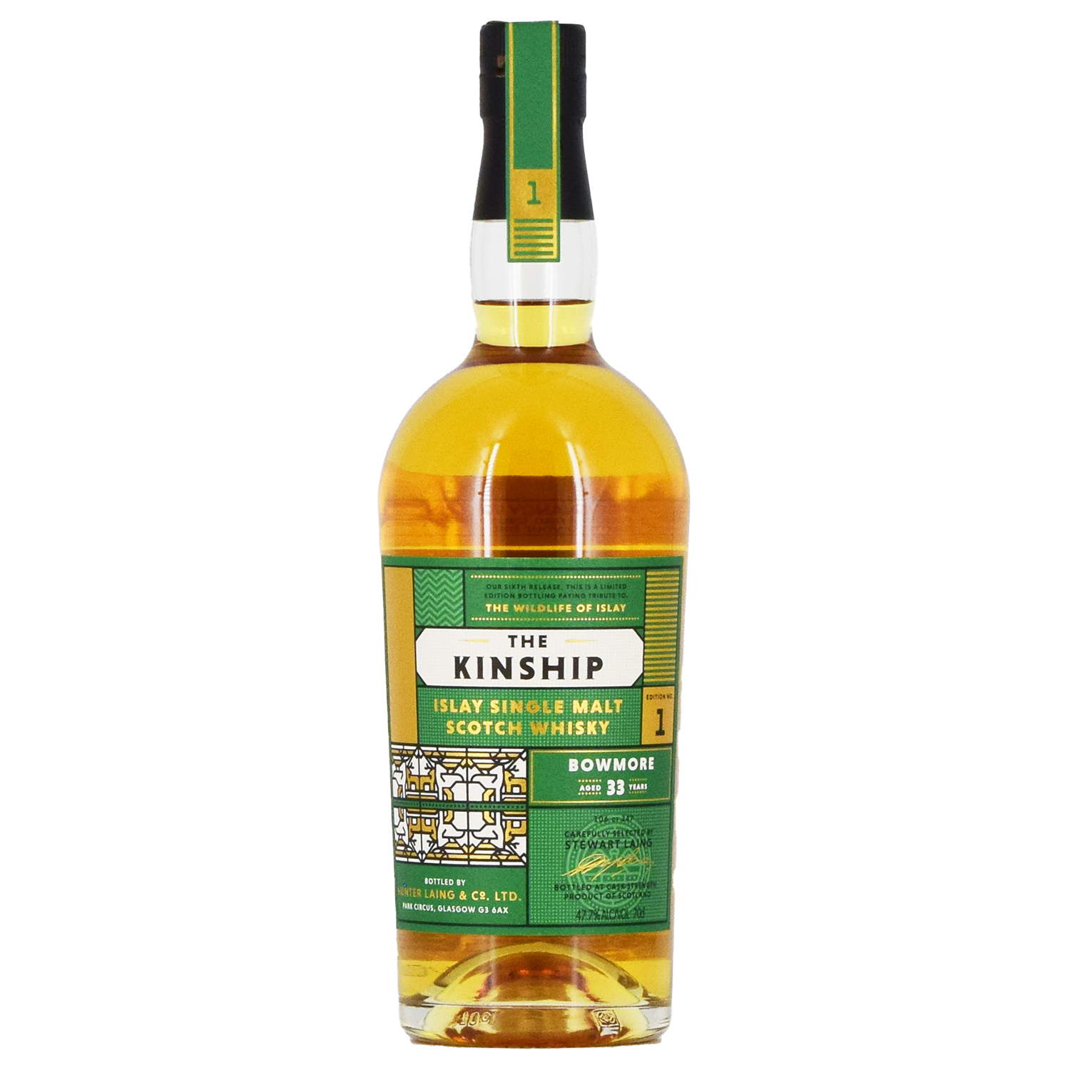 A 700ml bottle of Hunter Laing Kinship Bowmore 1989 33 Year Old, featuring a green and gold label with text and geometric designs, filled with golden amber whisky.