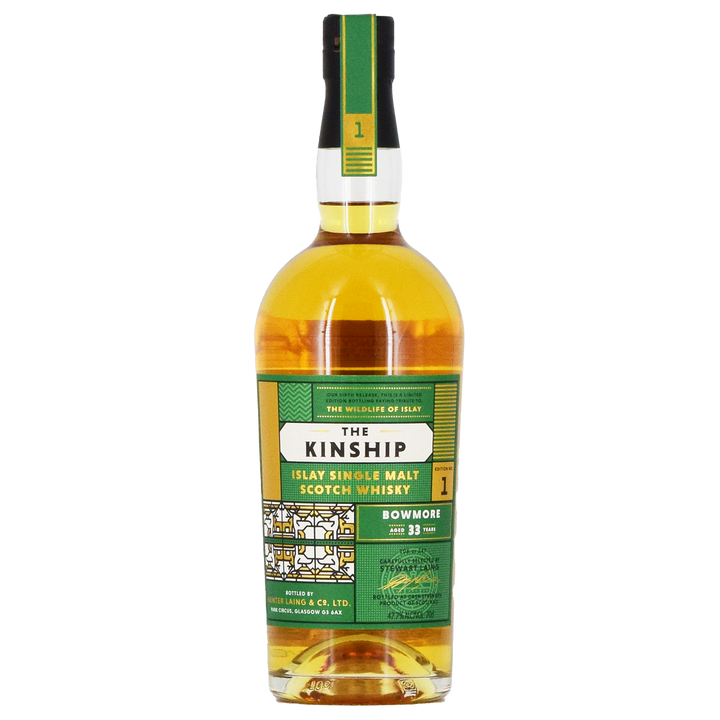 A 700ml bottle of Hunter Laing Kinship Bowmore 1989 33 Year Old, featuring a green and gold label with text and geometric designs, filled with golden amber whisky.