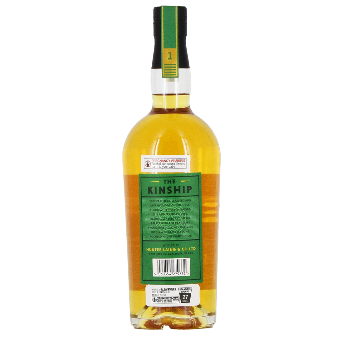 A bottle of Hunter Laing Kinship Bowmore 1989 33 Year Old 700ml shown from the back, featuring a green label with product details and a black and green cap, set against a plain white background.