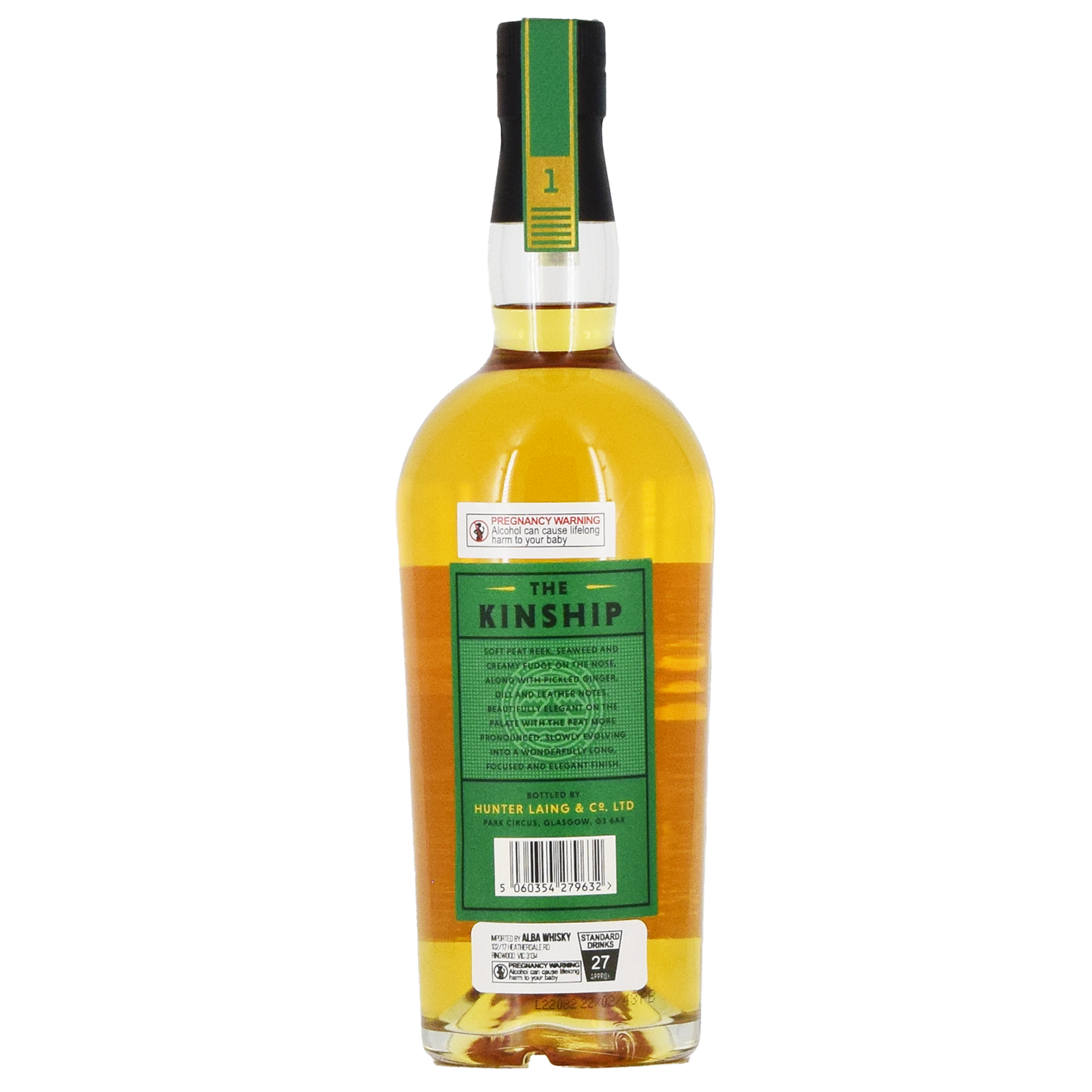 A bottle of Hunter Laing Kinship Bowmore 1989 33 Year Old 700ml shown from the back, featuring a green label with product details and a black and green cap, set against a plain white background.