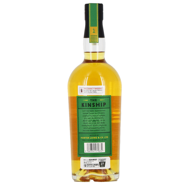 A bottle of Hunter Laing Kinship Bowmore 1989 33 Year Old 700ml shown from the back, featuring a green label with product details and a black and green cap, set against a plain white background.