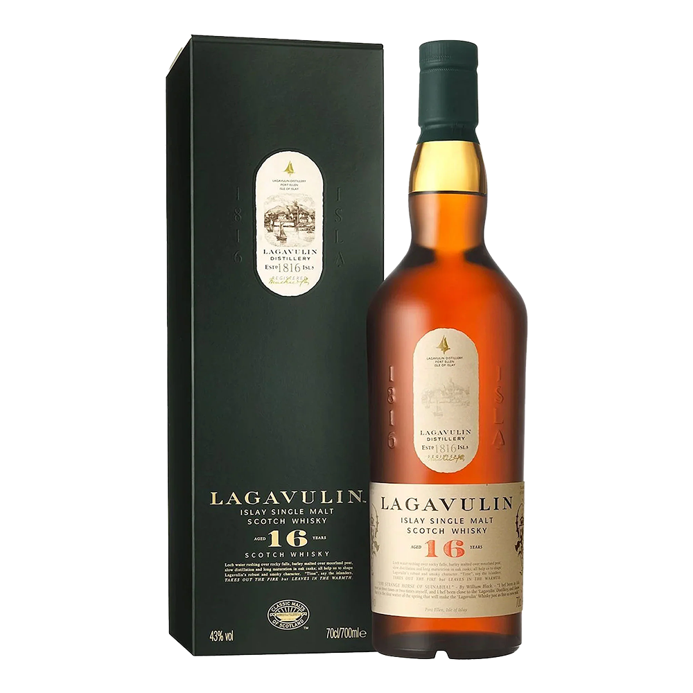 A bottle of Lagavulin 16 Year Old Single Malt Scotch Whisky is shown beside its dark green box, both with gold and cream labels. This renowned Islay whisky is famous for its rich, smoky flavor.