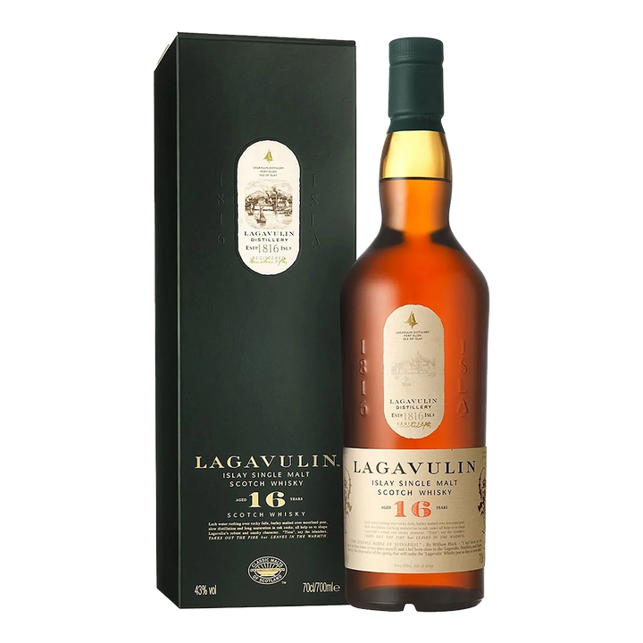 A bottle of Lagavulin 16 Year Old Single Malt Scotch Whisky is shown beside its dark green box, both with gold and cream labels. This renowned Islay whisky is famous for its rich, smoky flavor.