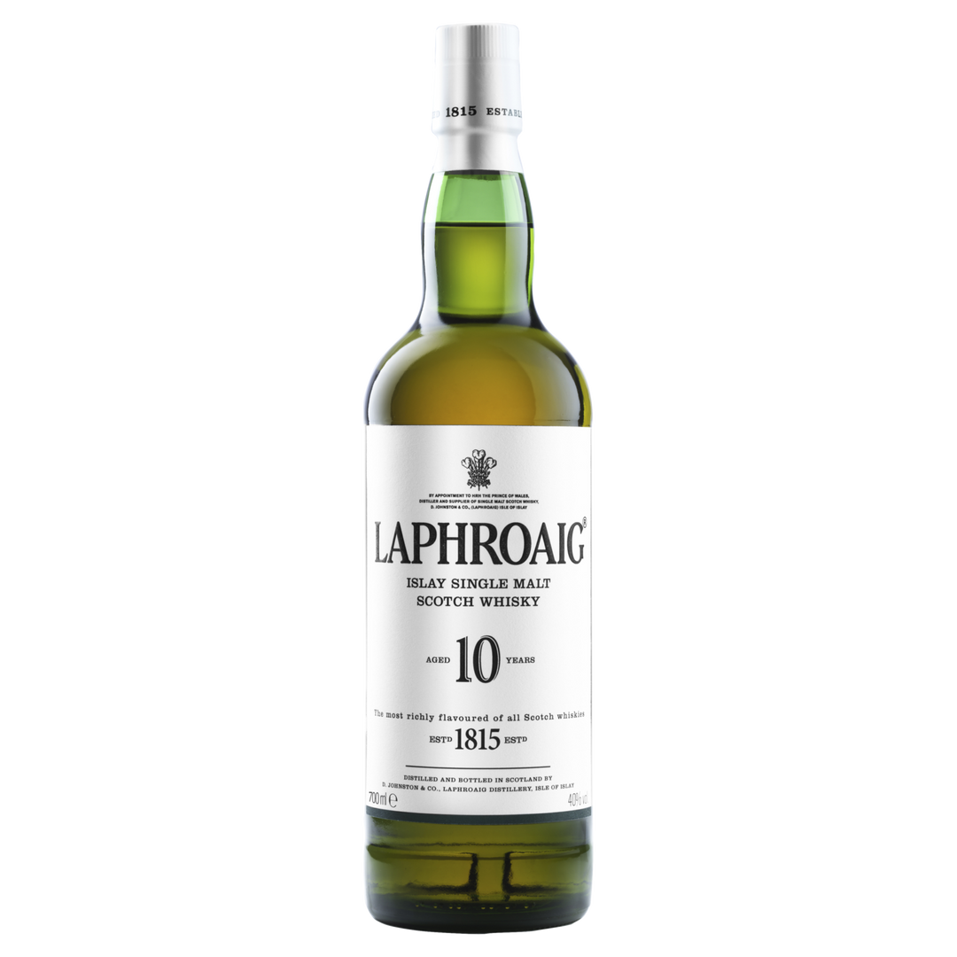 A bottle of Laphroaig Quarter Cask Single Malt Scotch Whisky with a white label displaying the brand name and details. The bottle features a white cap and contains amber-colored, boldly peated whisky.