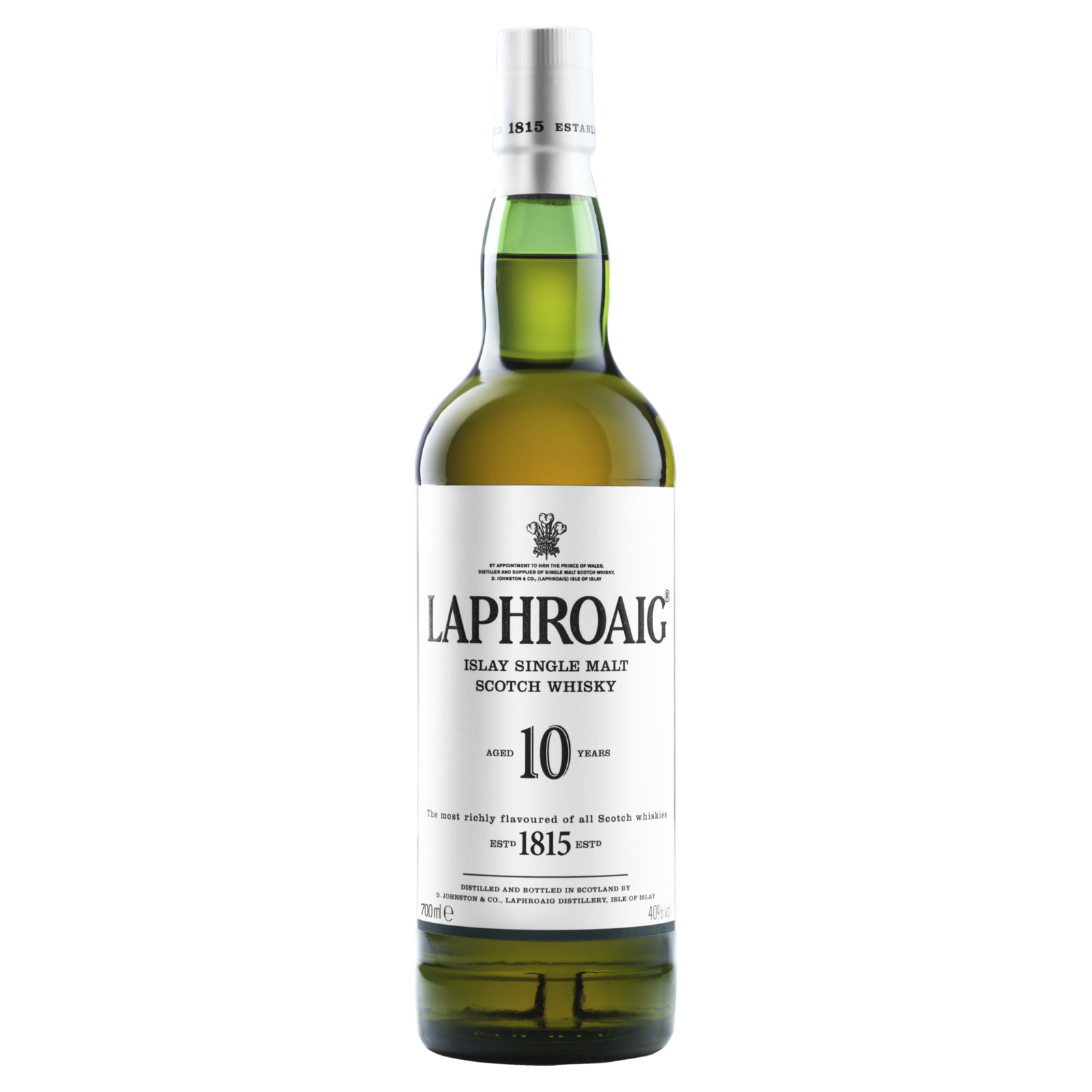 A bottle of Laphroaig Quarter Cask Single Malt Scotch Whisky with a white label displaying the brand name and details. The bottle features a white cap and contains amber-colored, boldly peated whisky.