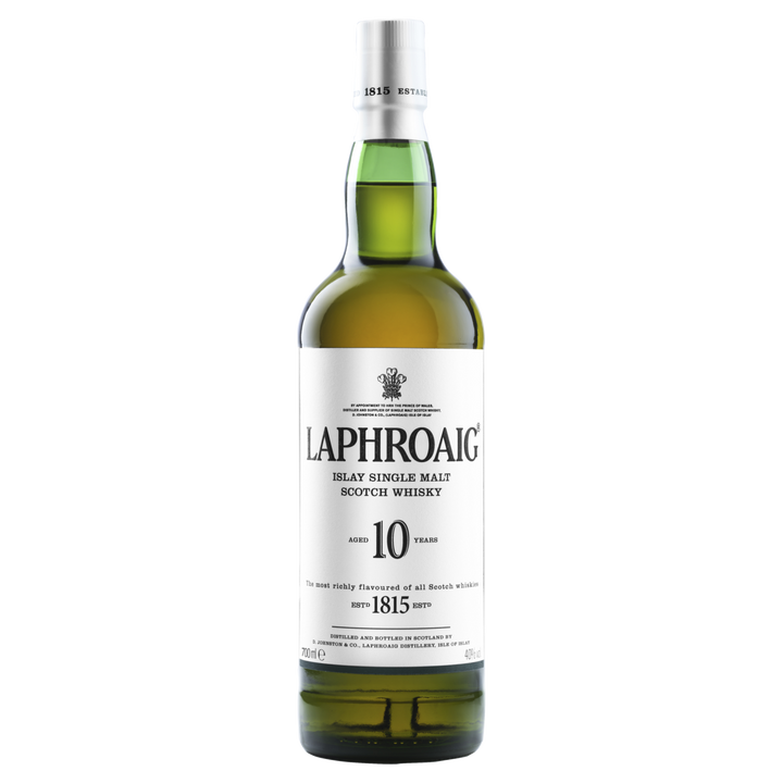 A bottle of Laphroaig Quarter Cask Single Malt Scotch Whisky with a white label displaying the brand name and details. The bottle features a white cap and contains amber-colored, boldly peated whisky.