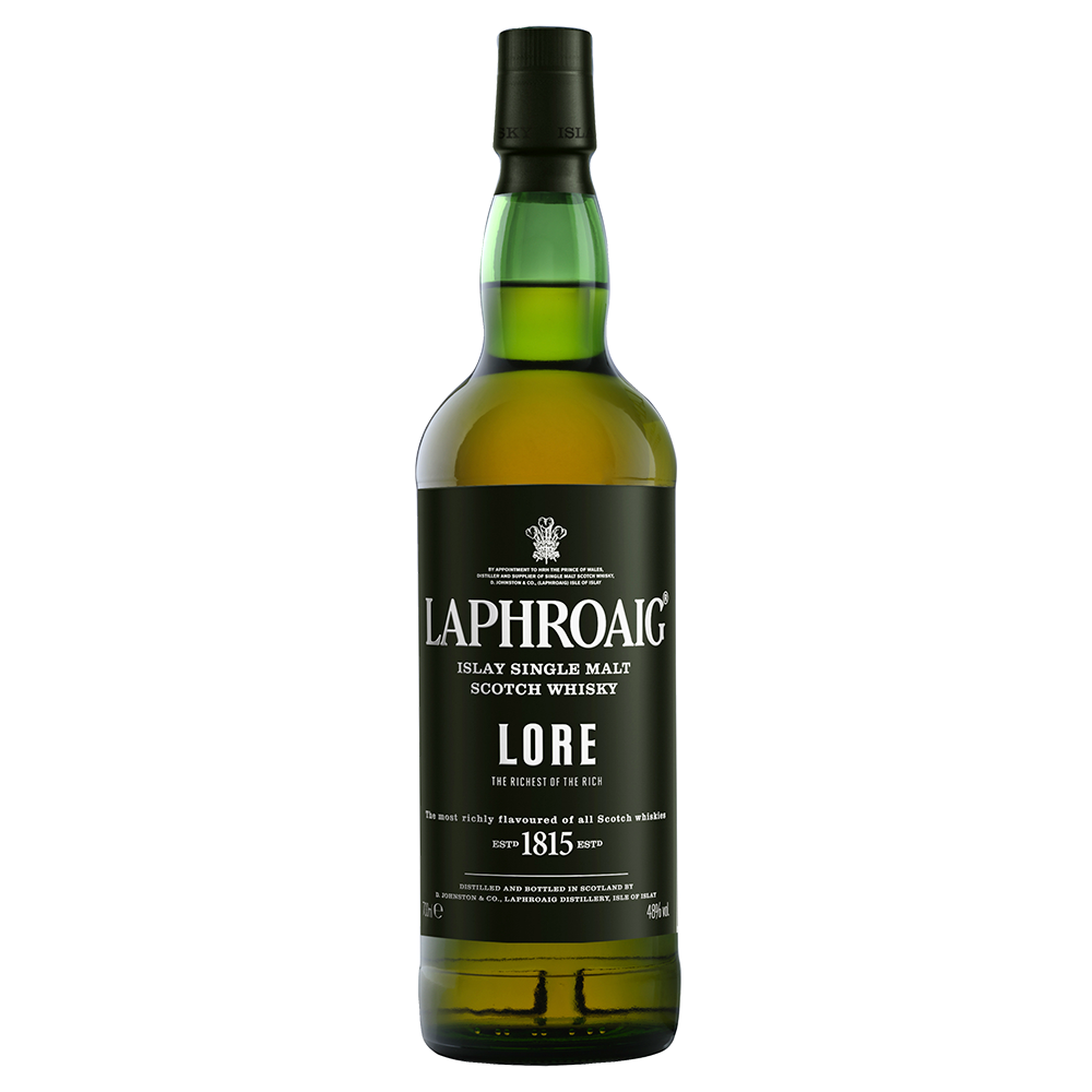 A green glass bottle of Laphroaig Lore Single Malt Scotch Whisky features a black label with the brand name and product details in white text.