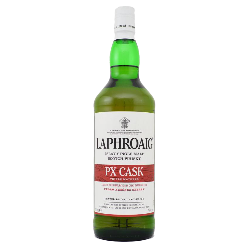 A green bottle of Laphroaig PX Cask Single Malt Scotch Whisky with a white and red label, text, and a seal is displayed against a plain white background.