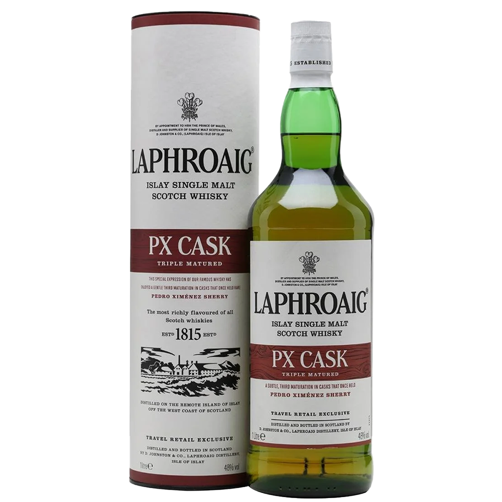 A bottle of Laphroaig PX Cask Single Malt Scotch Whisky stands beside its maroon-accented cylindrical packaging, both featuring detailed labeling—an exceptional Islay peated whisky.