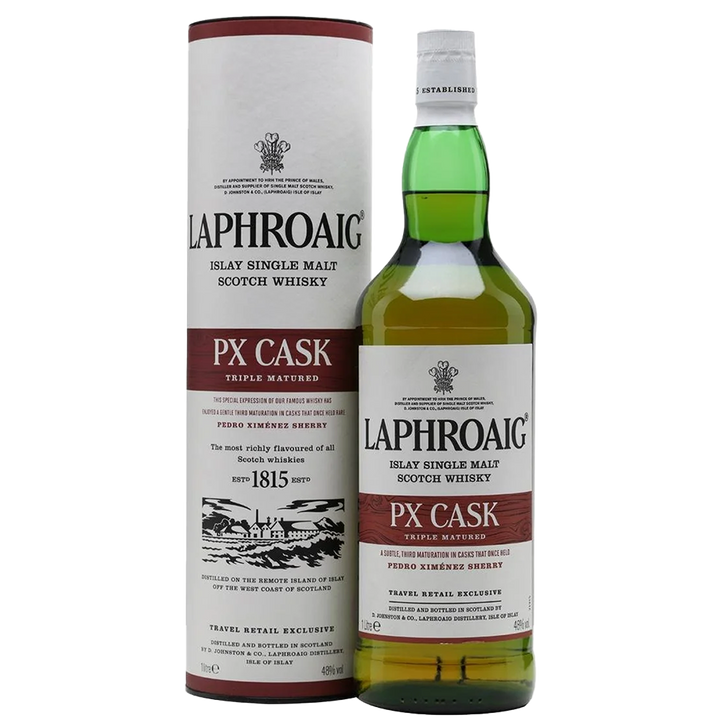 A bottle of Laphroaig PX Cask Single Malt Scotch Whisky stands beside its maroon-accented cylindrical packaging, both featuring detailed labeling—an exceptional Islay peated whisky.