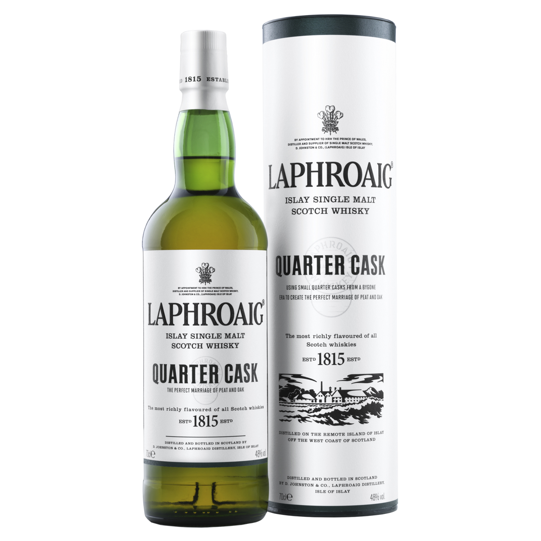 A bottle of Laphroaig Quarter Cask Single Malt Scotch Whisky stands beside its white cylindrical packaging, both displaying black and grey text and a distillery illustration.