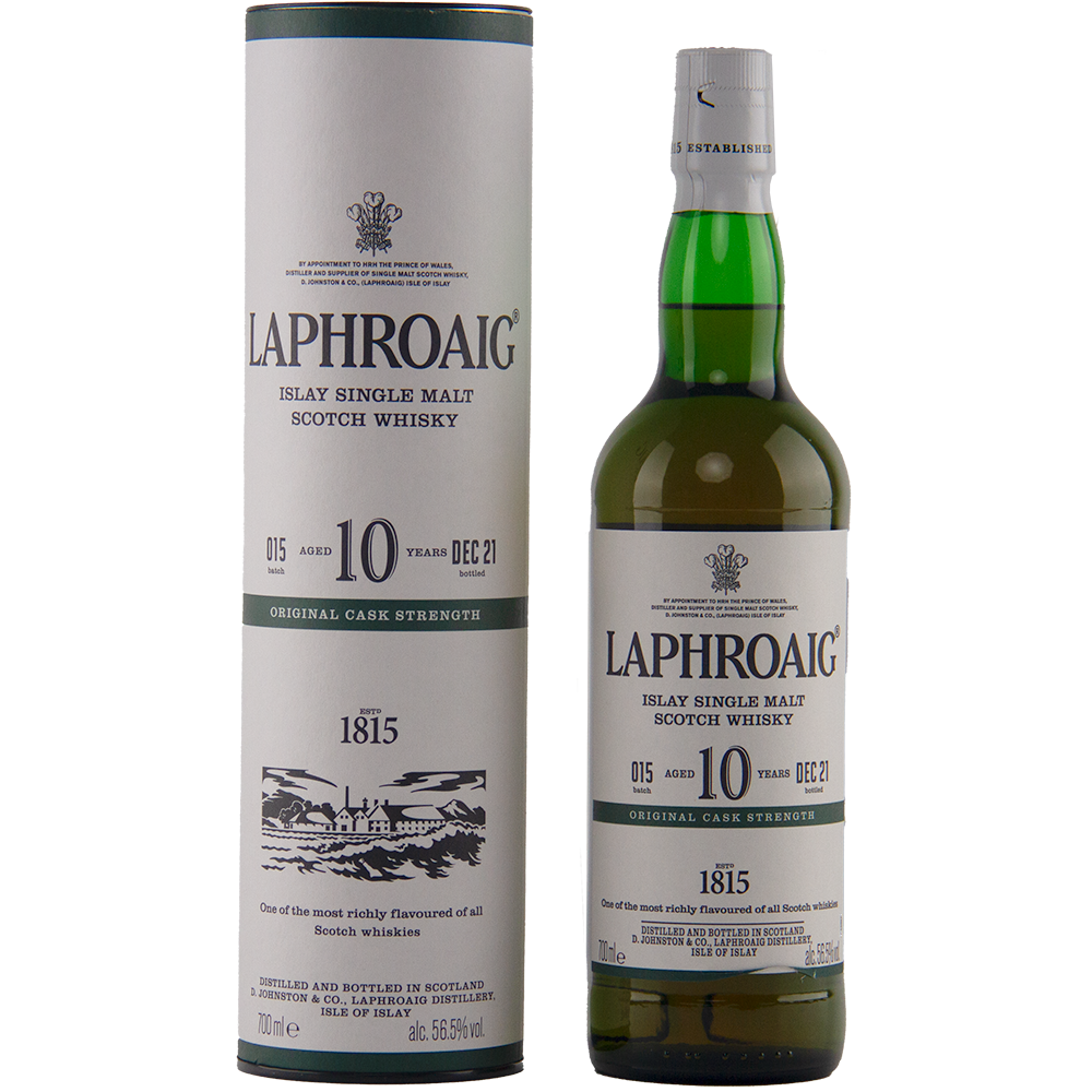 A bottle of Laphroaig 10 Year Old Cask Strength Batch 15 stands beside its cylindrical packaging, both featuring the brand name, age statement, and distillery details in classic black and green text.