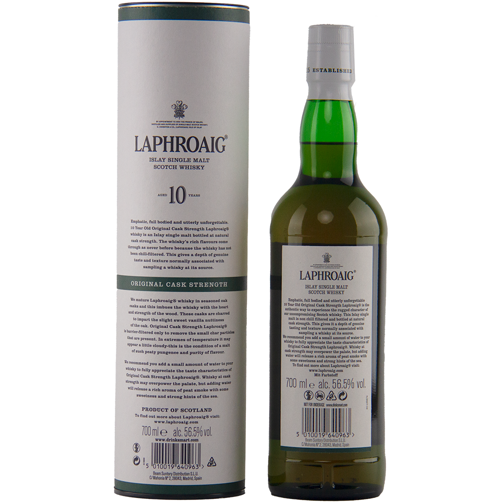A green bottle of Laphroaig 10 Year Old Cask Strength Batch 15 stands beside its cylindrical packaging, both featuring the brand name and product details. The white label highlights this classic peated single malt.