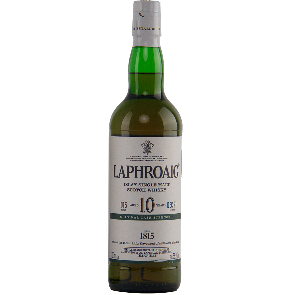 A bottle of Laphroaig 10 Year Old Cask Strength Batch 15 Islay whisky features a green glass body, white and gray label, white cap, and displays the brand name, age statement, cask strength, and other details on the label.
