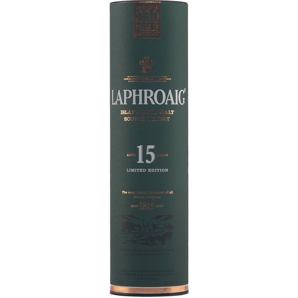 A cylindrical dark green container labeled Laphroaig 15 Year Old 200th Anniversary Edition features gold and white text for Islay whisky aged 15 years, with elegant decorative gold details.