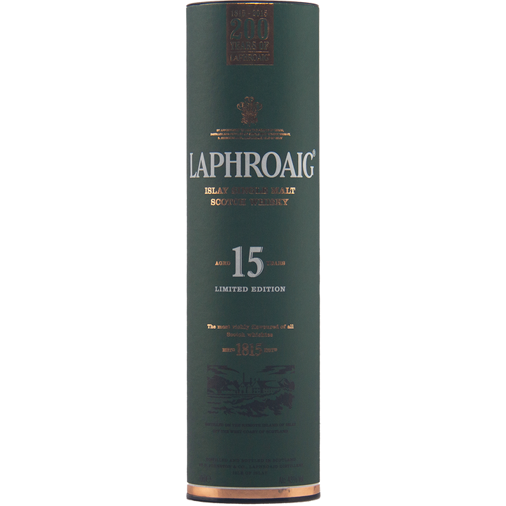 A cylindrical dark green container labeled Laphroaig 15 Year Old 200th Anniversary Edition features gold and white text for Islay whisky aged 15 years, with elegant decorative gold details.