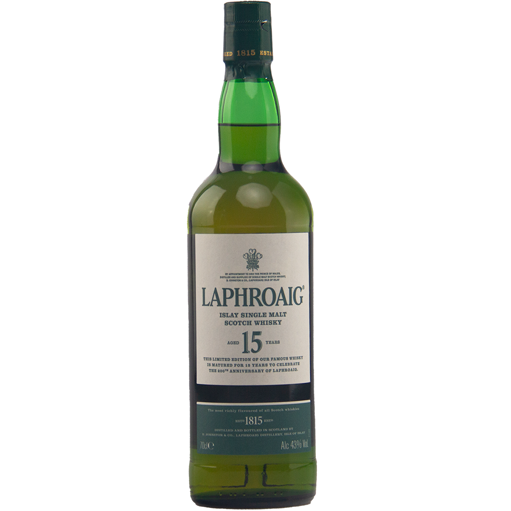 A green bottle of Laphroaig 15 Year Old 200th Anniversary Edition whisky features a white label with gold and green accents, displaying details about the whisky’s age and origin.