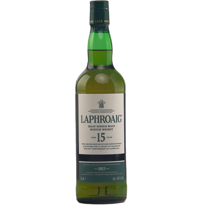 A green bottle of Laphroaig 15 Year Old 200th Anniversary Edition whisky features a white label with gold and green accents, displaying details about the whisky’s age and origin.