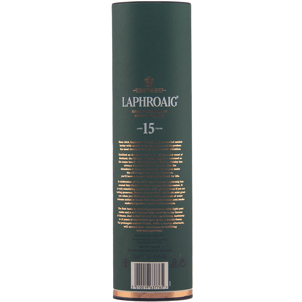A tall, cylindrical green container with gold text features the Laphroaig 15 Year Old 200th Anniversary Edition logo and details, marking this iconic Islay whisky as a classic Limited Edition release.