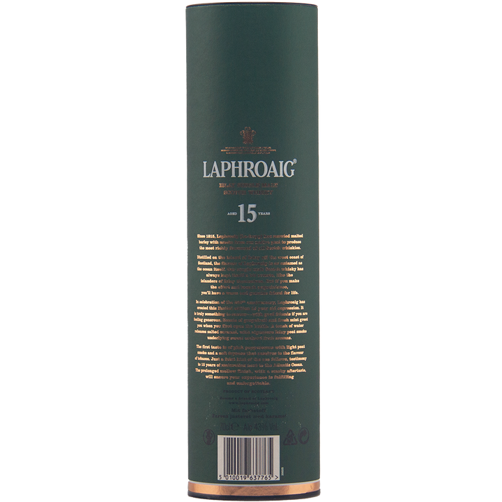 A tall, cylindrical green container with gold text features the Laphroaig 15 Year Old 200th Anniversary Edition logo and details, marking this iconic Islay whisky as a classic Limited Edition release.
