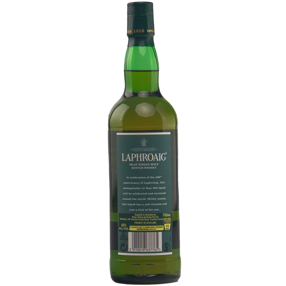 A green bottle of Laphroaig 15 Year Old 200th Anniversary Edition whisky with a dark green label featuring white and gold text, displayed against a white background.