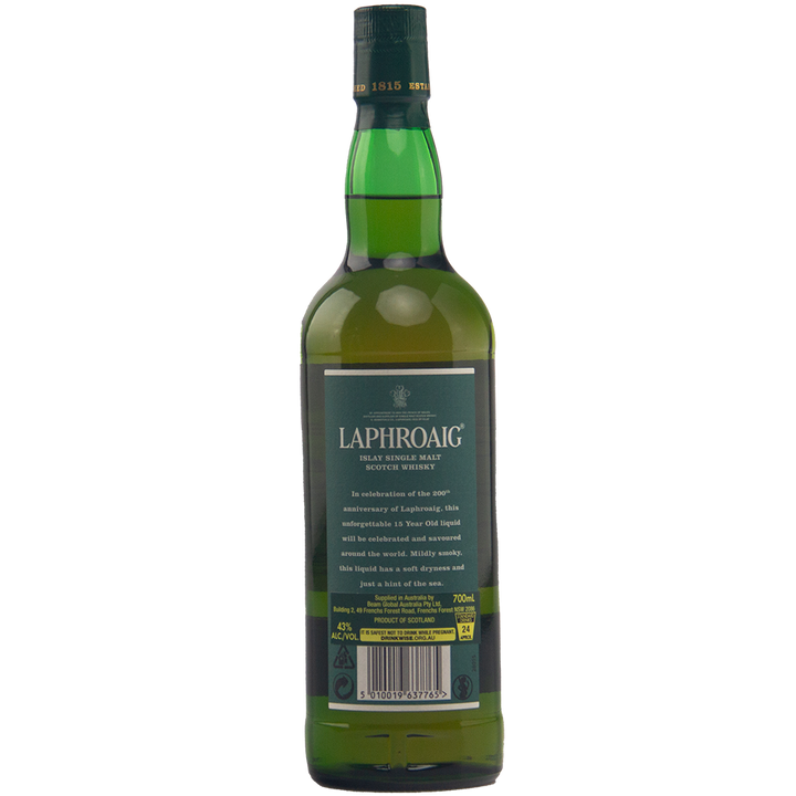 A green bottle of Laphroaig 15 Year Old 200th Anniversary Edition whisky with a dark green label featuring white and gold text, displayed against a white background.