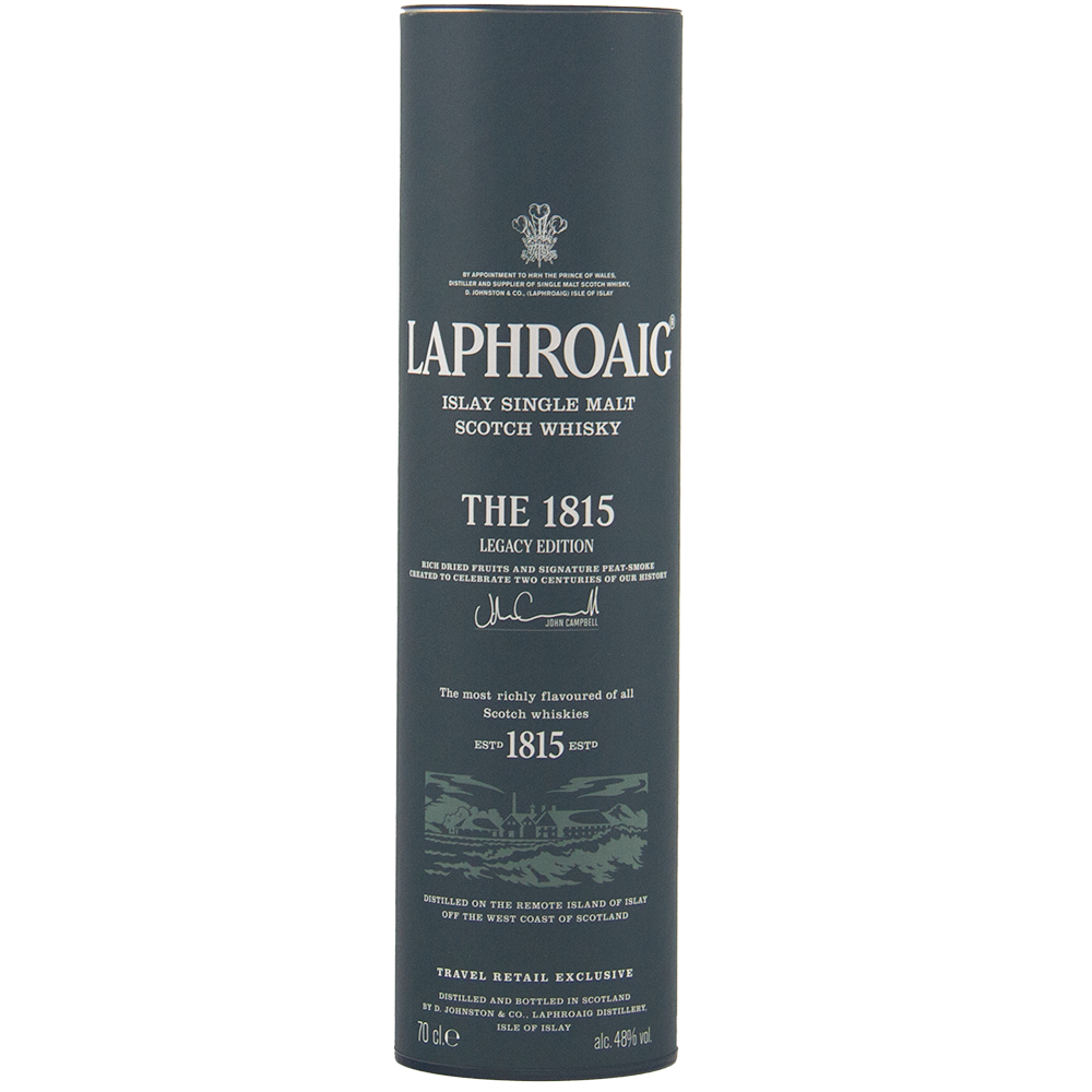 A cylindrical dark green tin holds Laphroaig 1815 Legacy Edition Single Malt Whisky, with white text detailing the product and branding—a tribute to peated whisky craftsmanship.