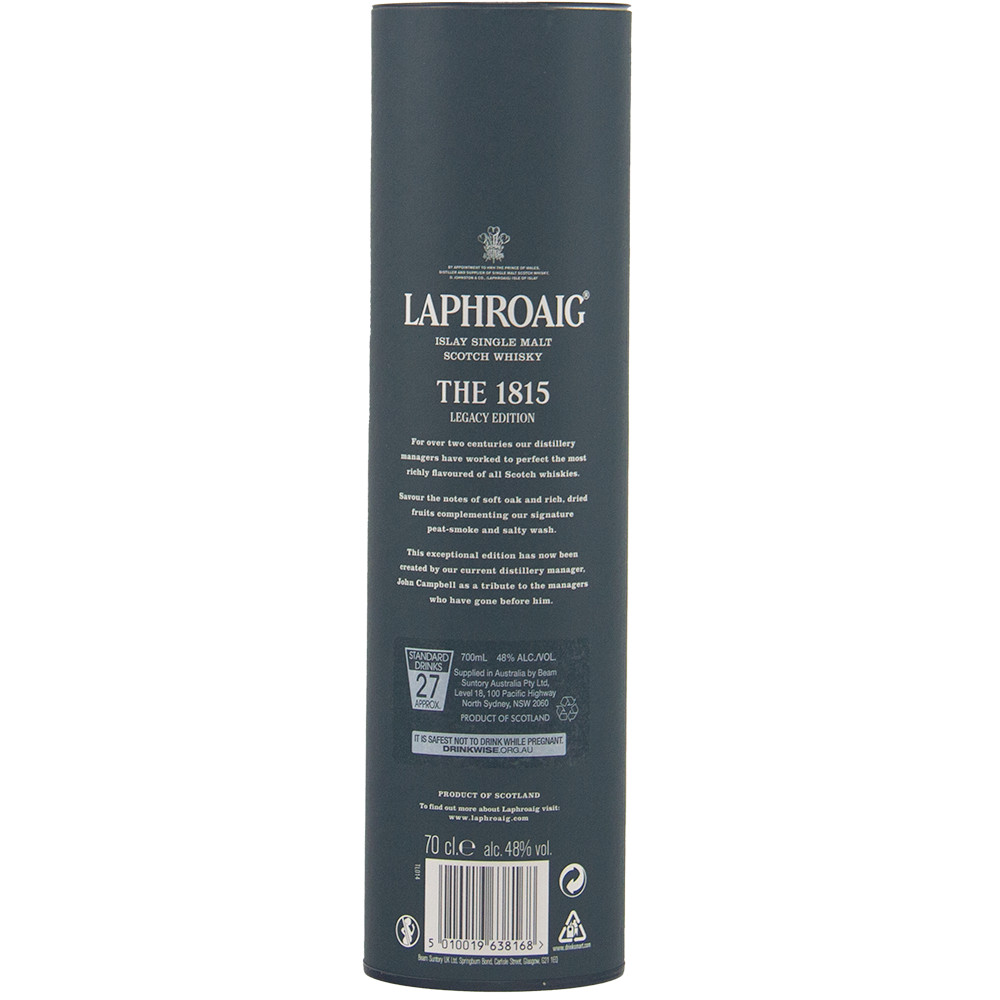 A dark green cylindrical box of Laphroaig 1815 Legacy Edition Single Malt Whisky, featuring white product details and descriptions on the front.