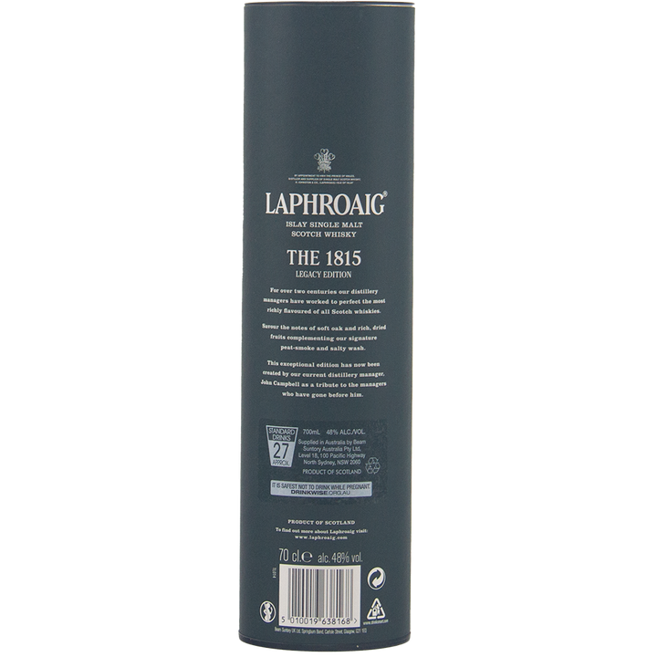 A dark green cylindrical box of Laphroaig 1815 Legacy Edition Single Malt Whisky, featuring white product details and descriptions on the front.