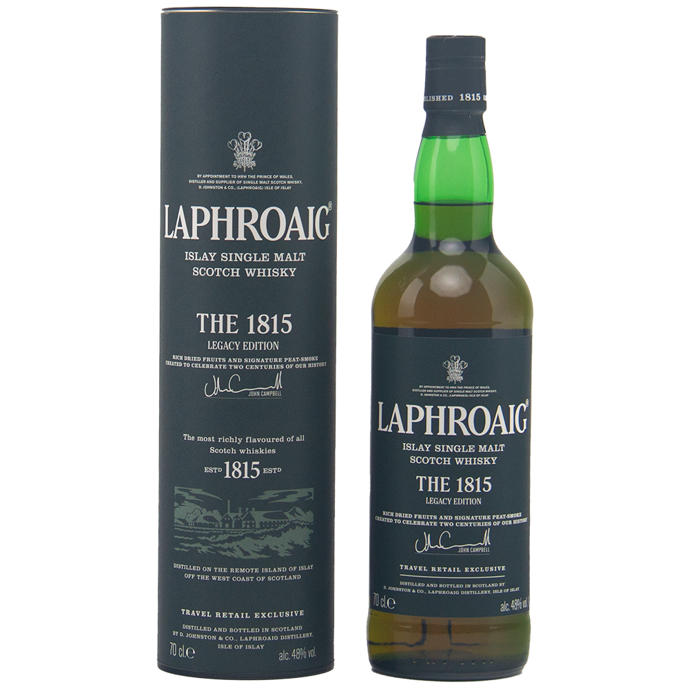 A bottle of Laphroaig 1815 Legacy Edition Single Malt Whisky stands beside its black cylindrical box with white text, highlighting this iconic heavily peated whisky.