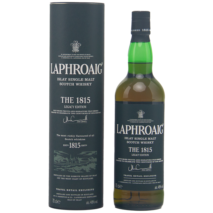 A bottle of Laphroaig 1815 Legacy Edition Single Malt Whisky stands beside its black cylindrical box with white text, highlighting this iconic heavily peated whisky.