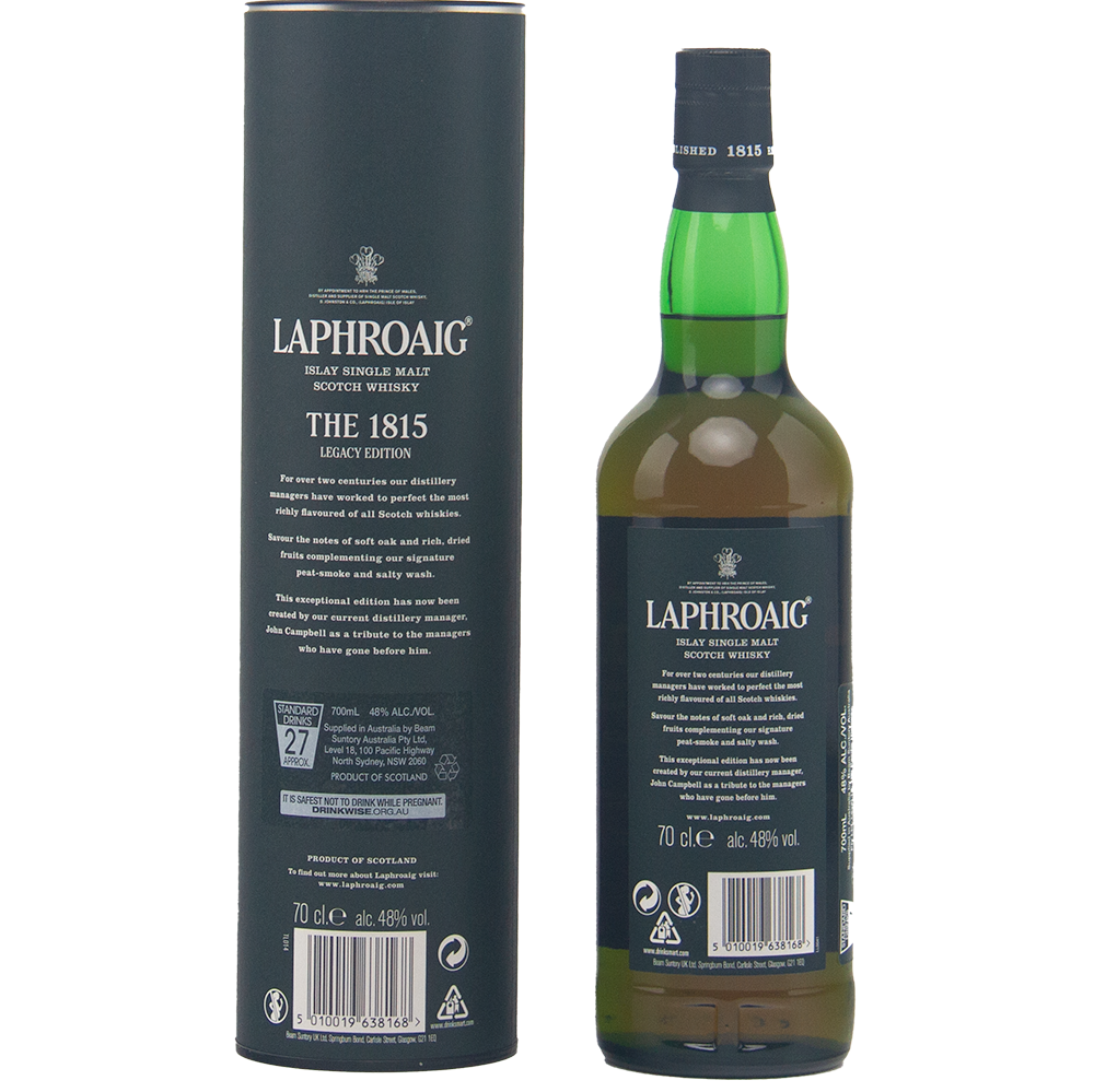A 70 cl bottle and cylindrical box of Laphroaig 1815 Legacy Edition Single Malt Whisky, both with dark labels and white text noting the peated Islay whisky’s name, origin, and 48% ABV.