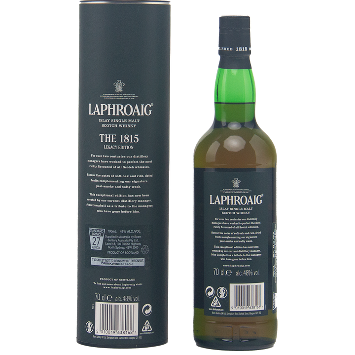 A 70 cl bottle and cylindrical box of Laphroaig 1815 Legacy Edition Single Malt Whisky, both with dark labels and white text noting the peated Islay whisky’s name, origin, and 48% ABV.