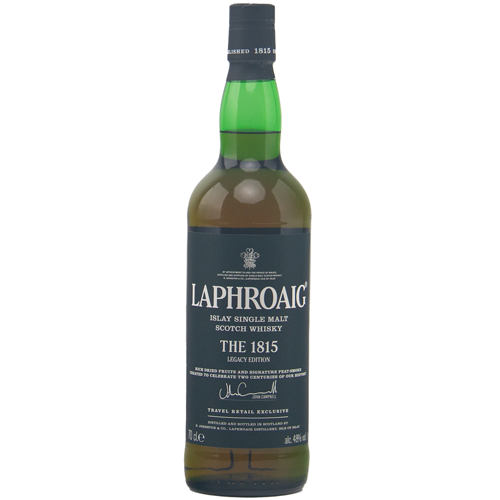 A dark green bottle of Laphroaig 1815 Legacy Edition Single Malt Whisky with a black label and white text, green neck, and black cap stands against a plain white background. This is a heavily peated Islay single malt Scotch whisky.