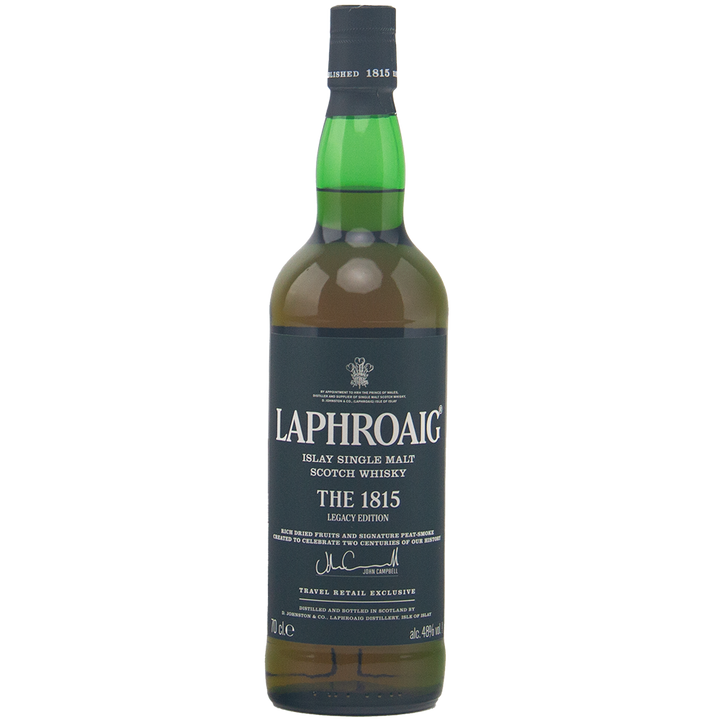 A dark green bottle of Laphroaig 1815 Legacy Edition Single Malt Whisky with a black label and white text, green neck, and black cap stands against a plain white background. This is a heavily peated Islay single malt Scotch whisky.