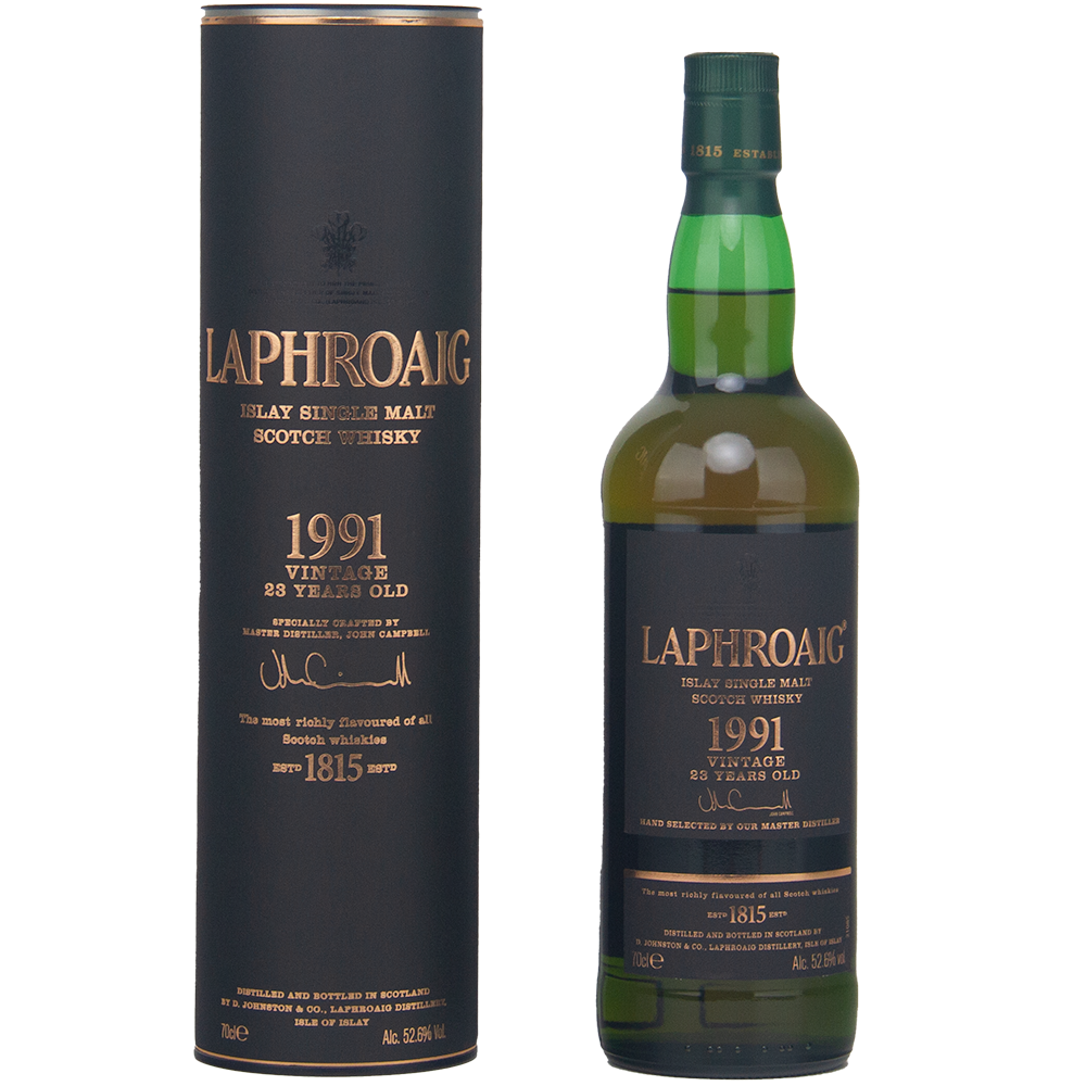 A bottle of Laphroaig 1991 Vintage 23 Year Old Single Malt Whisky stands next to its tall, cylindrical black and gold box, both featuring the product label and whisky details.