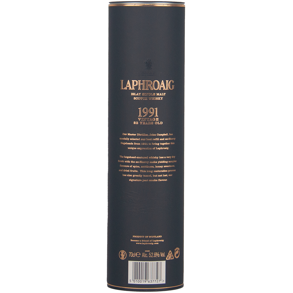 A tall, cylindrical black container for Laphroaig 1991 Vintage 23 Year Old Single Malt Whisky, with gold text and detailing and cask strength information printed on the front.