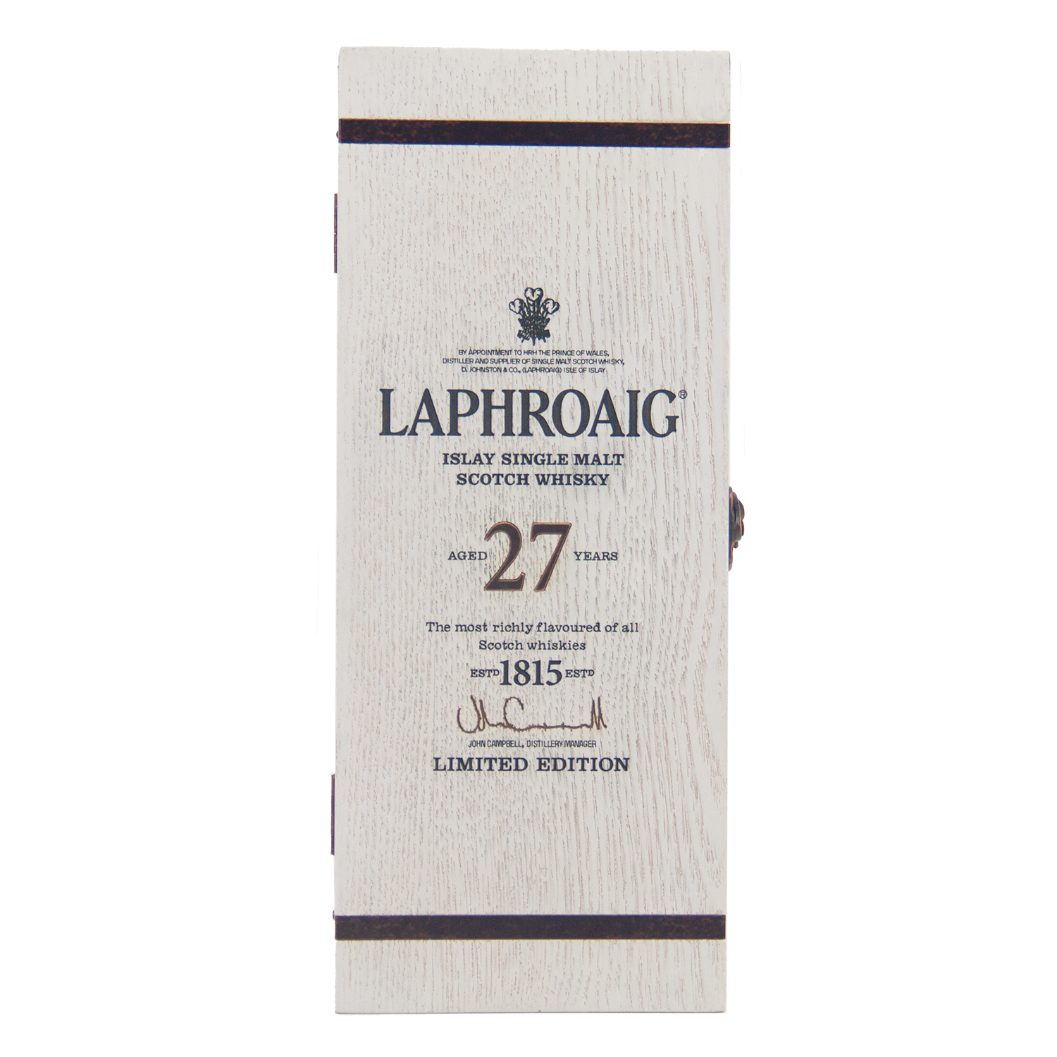 A white wooden box with black-printed details, including "Laphroaig 27 Year Old Single Malt Whisky" and "Limited Edition 1815"—an investment-grade whisky ideal for discerning collectors.