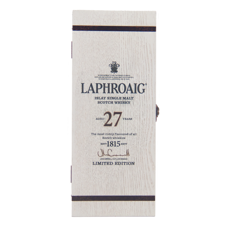 A white wooden box with black-printed details, including "Laphroaig 27 Year Old Single Malt Whisky" and "Limited Edition 1815"—an investment-grade whisky ideal for discerning collectors.