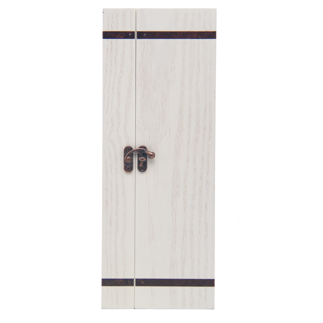 A tall, narrow white wooden cabinet with two doors, dark metal bands, and a decorative latch—ideal for displaying investment-grade bottles like Laphroaig 27 Year Old Single Malt Whisky.