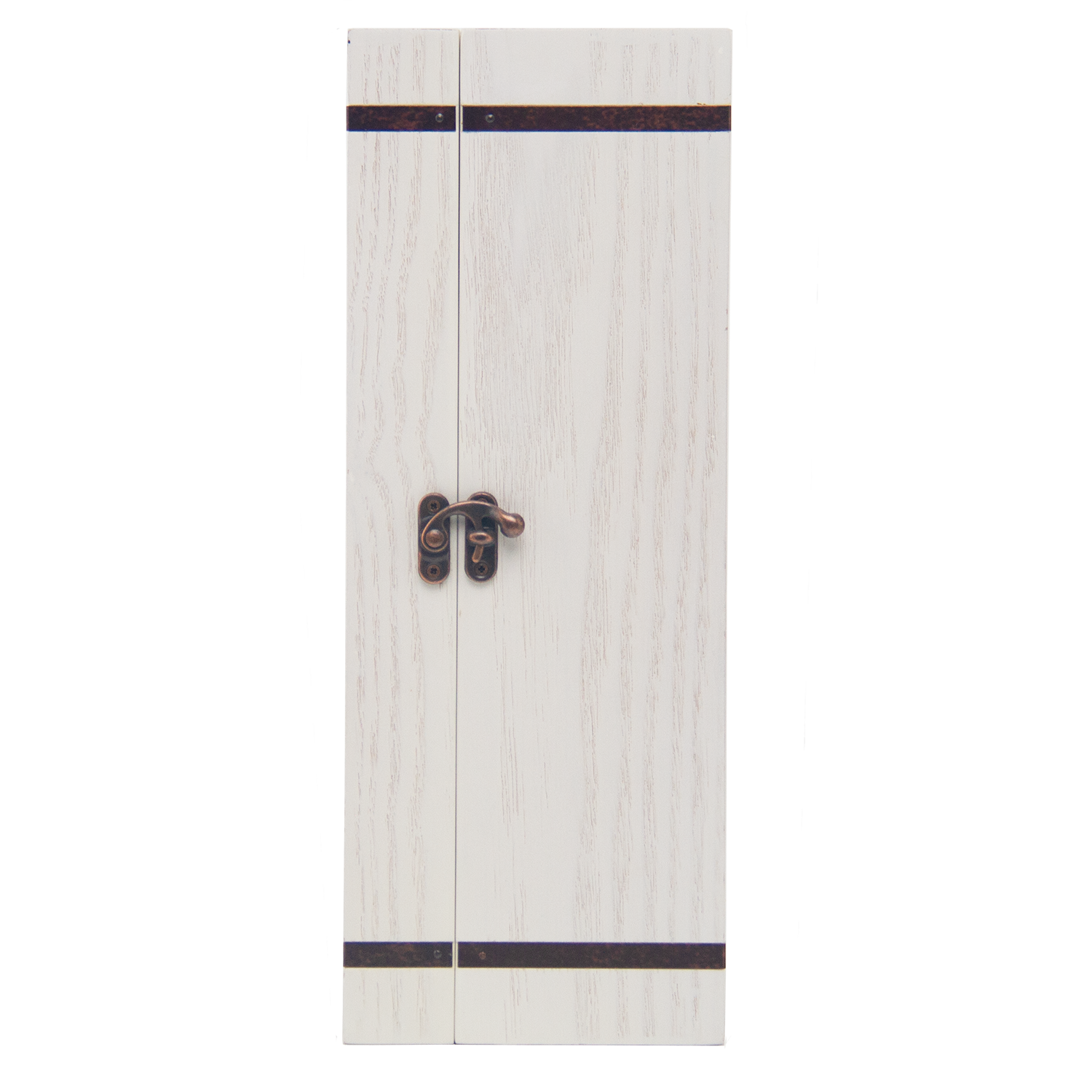 A tall, narrow white wooden cabinet with two doors, dark metal bands, and a decorative latch—ideal for displaying investment-grade bottles like Laphroaig 27 Year Old Single Malt Whisky.
