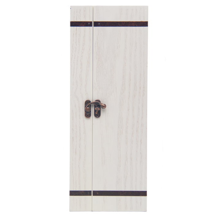 A tall, narrow white wooden cabinet with two doors, dark metal bands, and a decorative latch—ideal for displaying investment-grade bottles like Laphroaig 27 Year Old Single Malt Whisky.