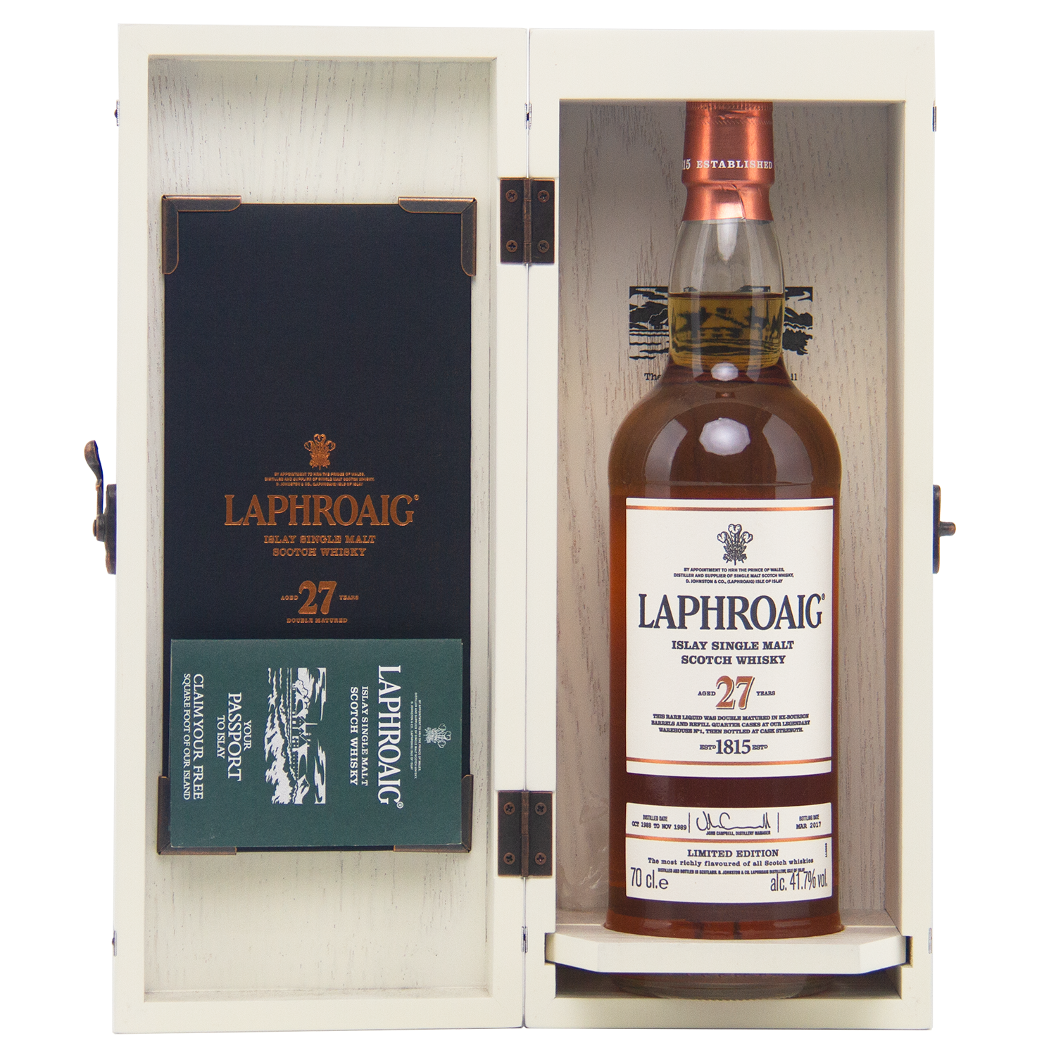 A bottle of Laphroaig 27 Year Old Single Malt Whisky is presented in an open wooden box with branded packaging and a Passport booklet—an elegant, investment-worthy choice for whisky collectors.