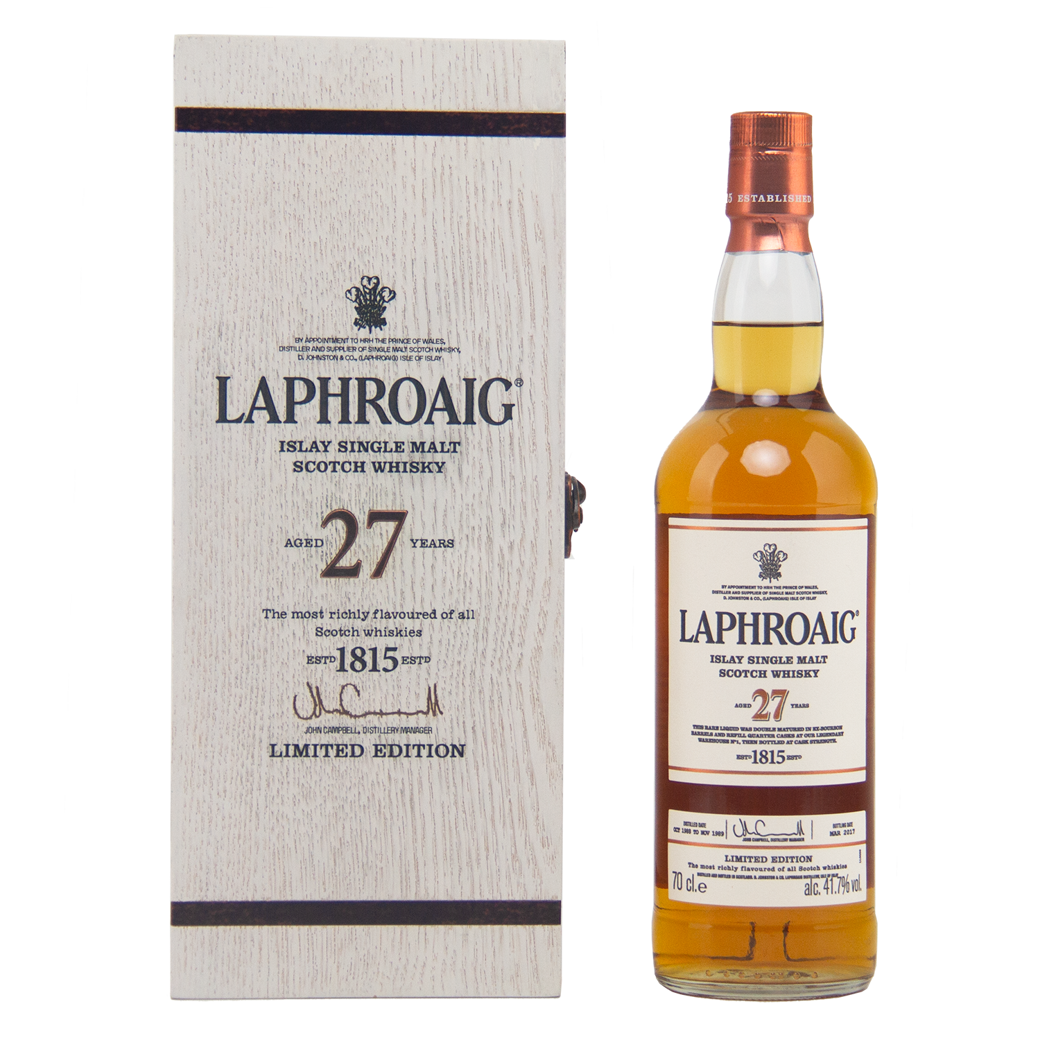A bottle of Laphroaig 27 Year Old Single Malt Whisky stands by its light wood box, both marked as a limited edition—an extraordinary choice for collectors seeking investment-grade Scotch.
